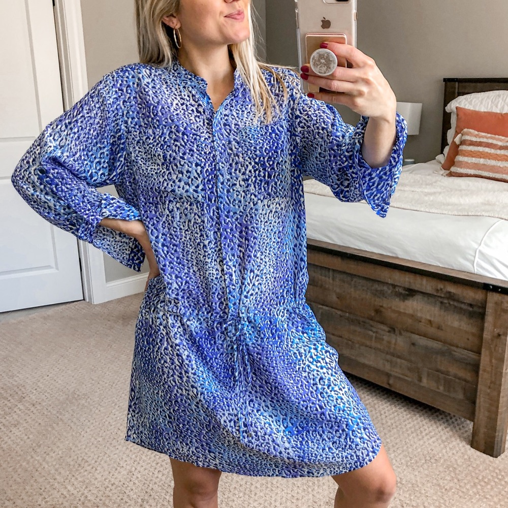 Rebecca Taylor Blue Multi-Print Long-Sleeve Shirt Dress